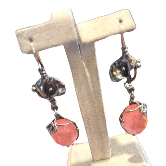 Sterling silver 925 Fancy Rose quartz stone Flower Dangle earrings - Picture 3 of 15